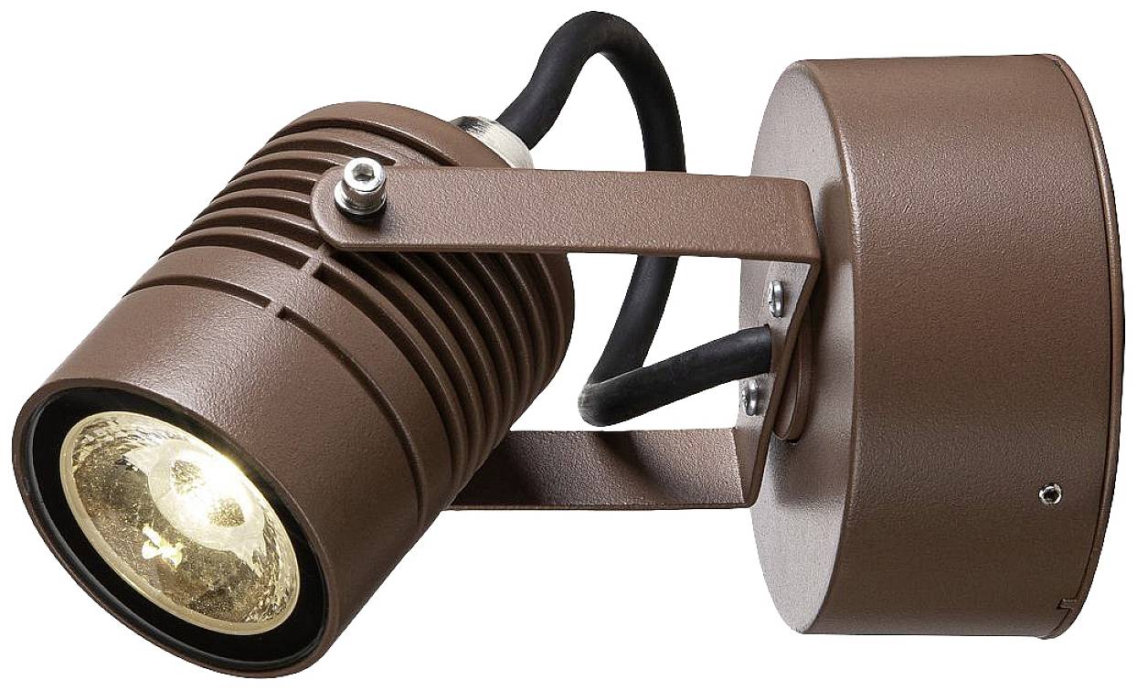 Brown wall light with industrial design, adjustable lamp head and exposed cables; suitable for targeted lighting.