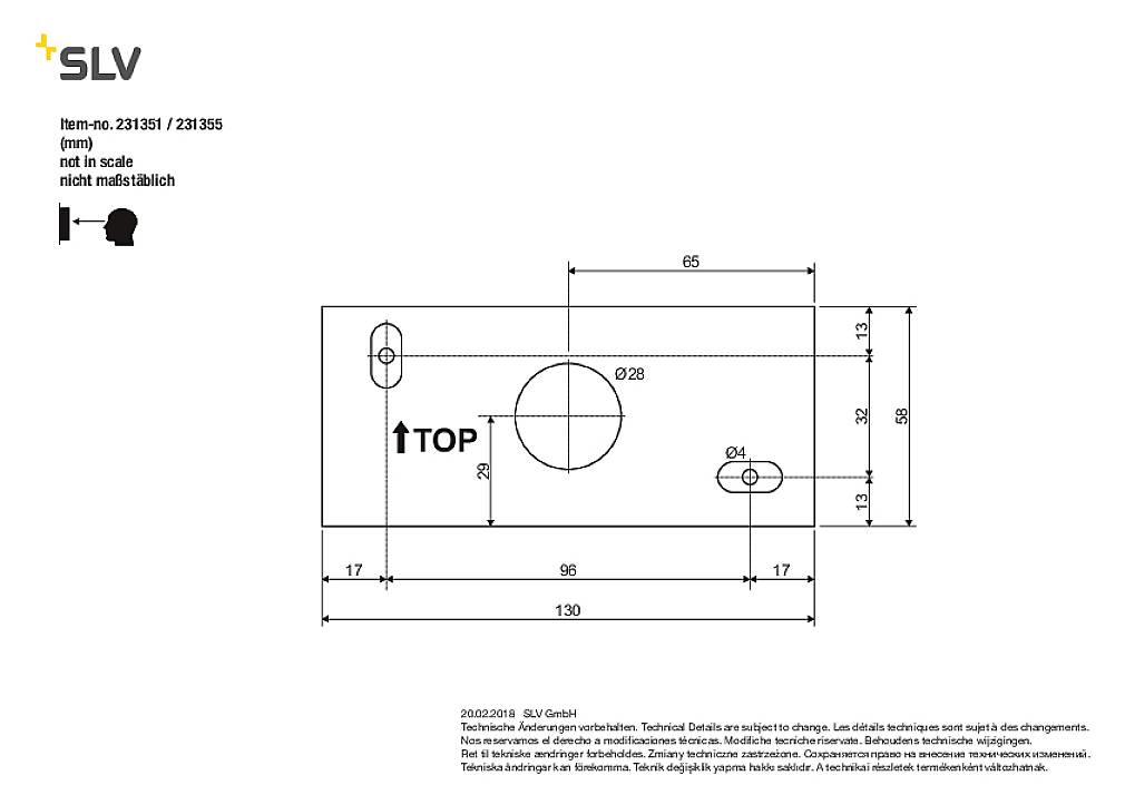 'Technical drawing of a metal plate with drill holes, dimensions, and manufacturer information. SLV logo top left.'