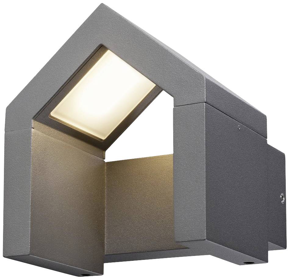 Modern outdoor wall light in grey with a rectangular housing that emits a warm, diffused light downwards. Suitable for house facades.