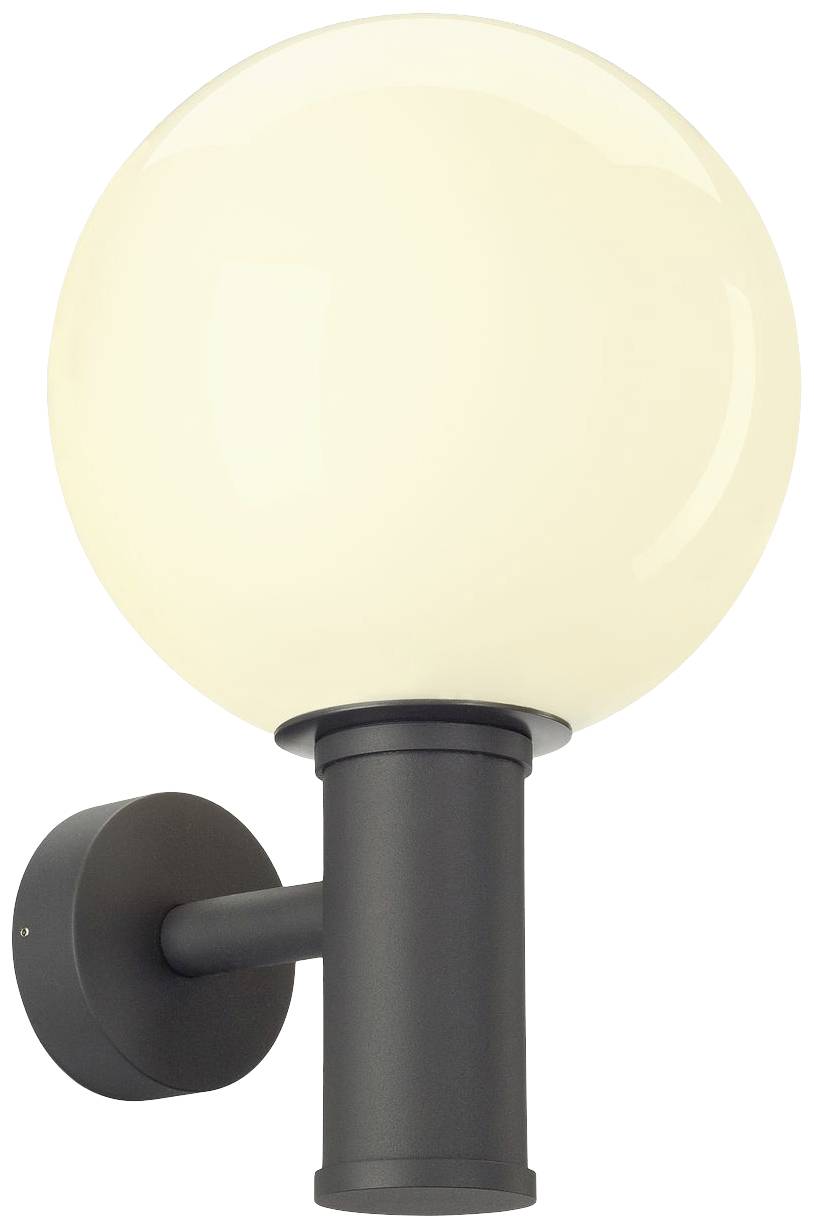 A spherical wall light with a black mounting bracket. The lamp has a matte, milky glass and emits a soft yellow light.