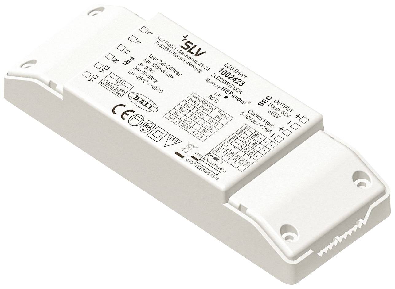 White, rectangular LED driver module with technical specifications and symbols on the top surface.