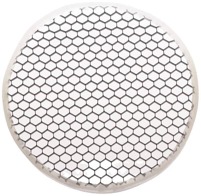 'Round honeycomb with hexagonal pattern, black and white, on light background.'