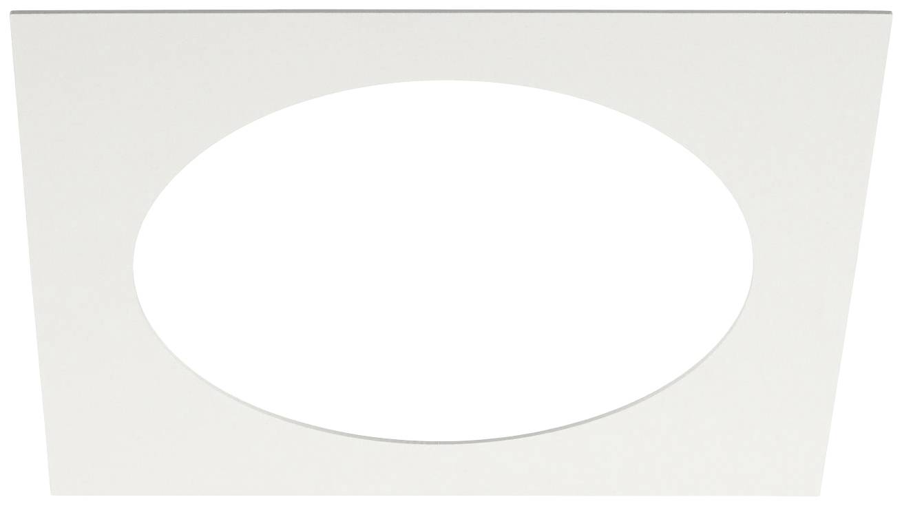 A white, oval opening in front of a rectangular background. The simple form creates a minimalist and abstract impression.