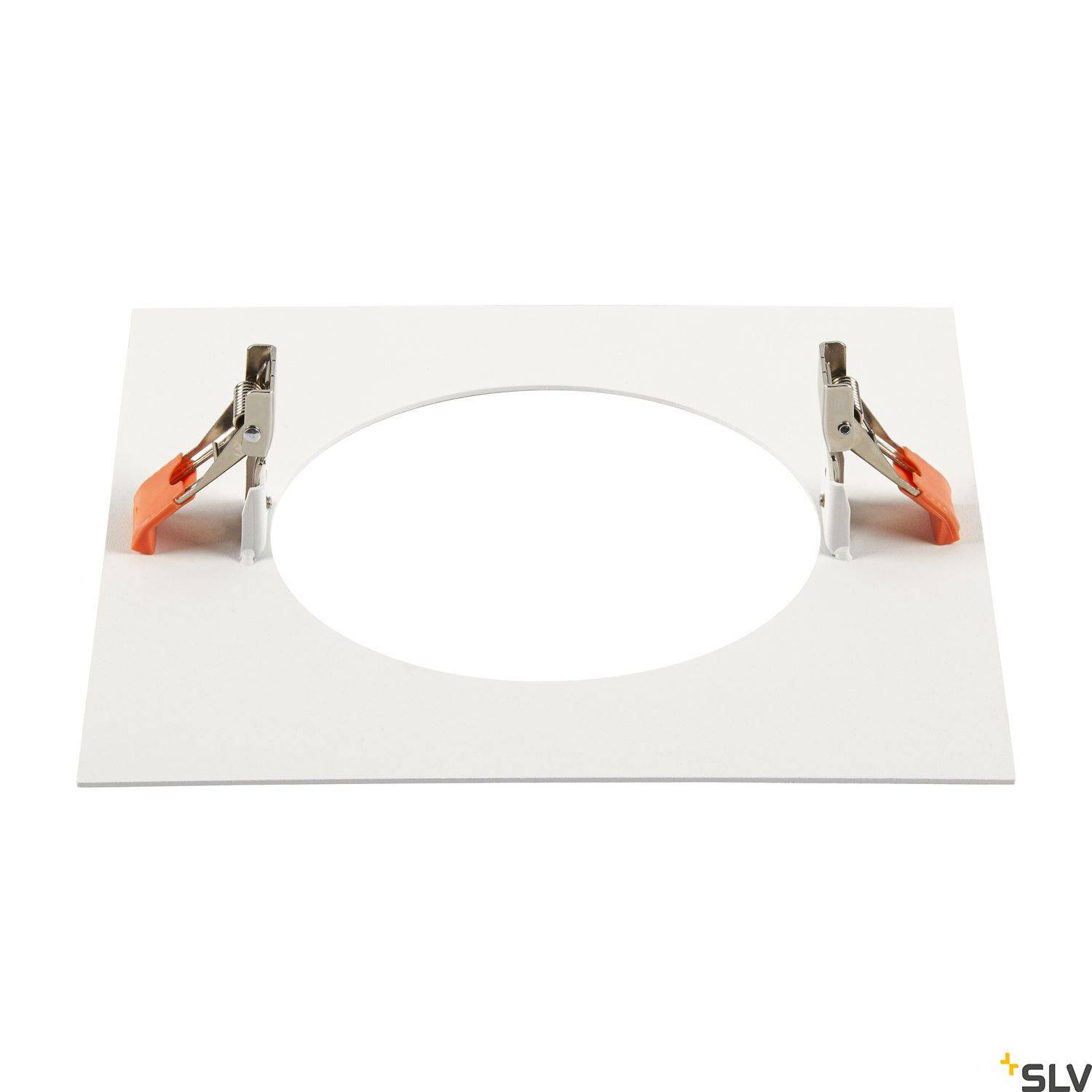 White square plate with a central round cutout, fastened by two metal clips on the sides, against a white background.