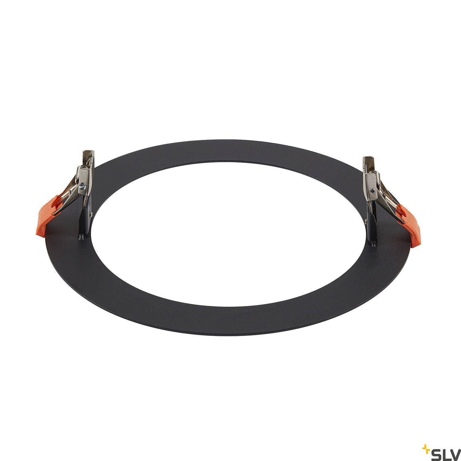 Figure of a round, black mounting ring with metal clips on two sides, suitable for installing recessed lights.