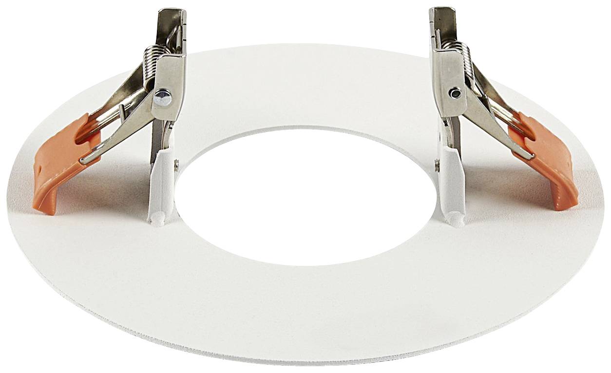 Two metal clips with orange handles on a round, white background.