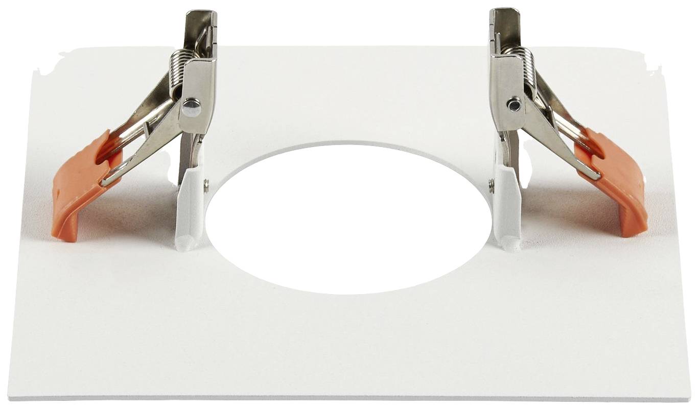 Two metal clips with orange handles are attached to a white bracket with a circular hole.