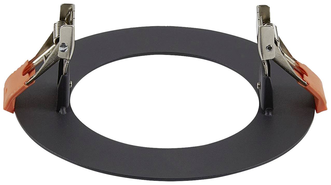 Black metal ring with two attached clamps. The ring appears to be designed for securing or stabilising objects.