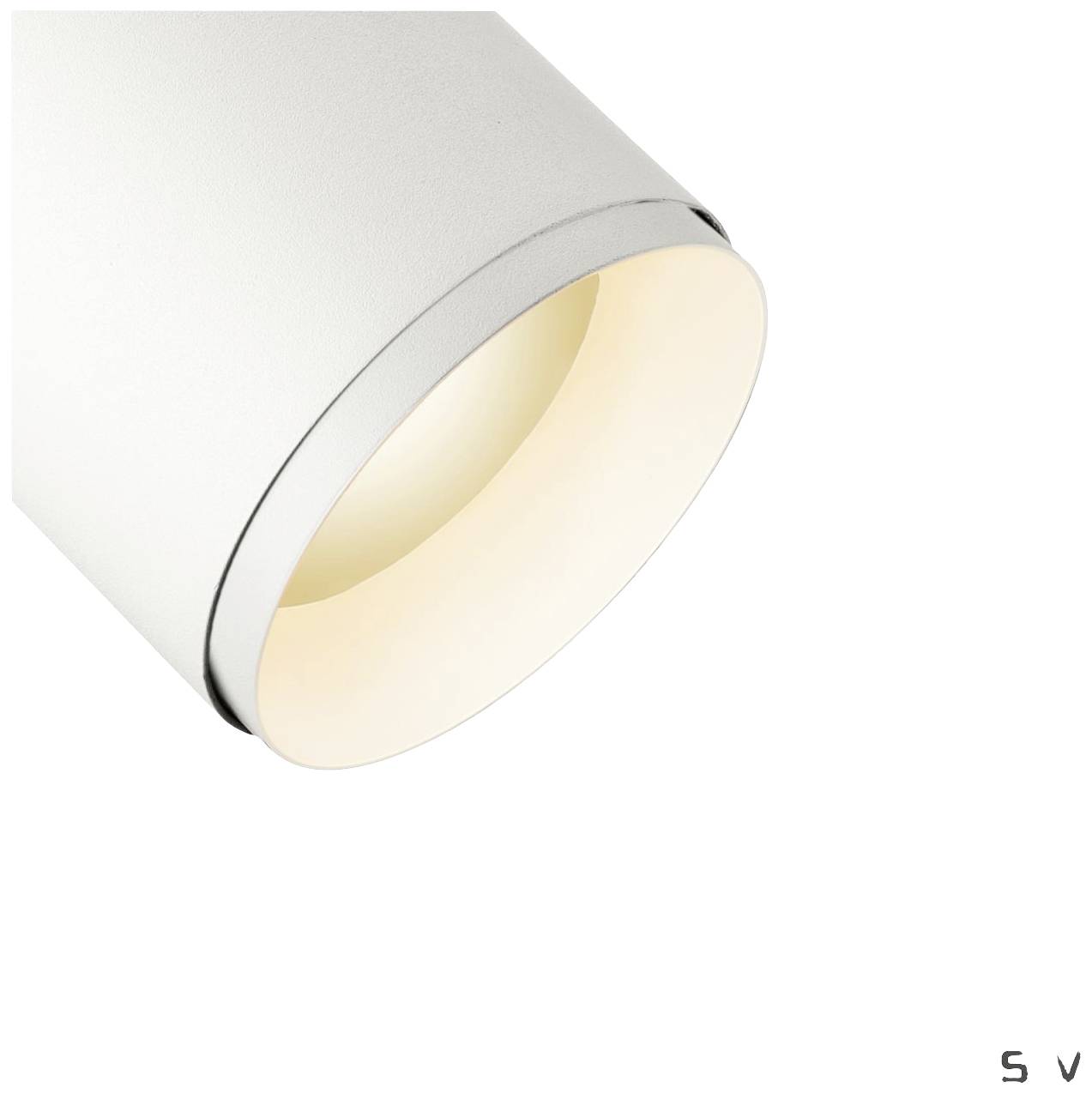 Light with a cylindrical, white casing and warm white light inside. Minimalist design, suitable for modern interiors.