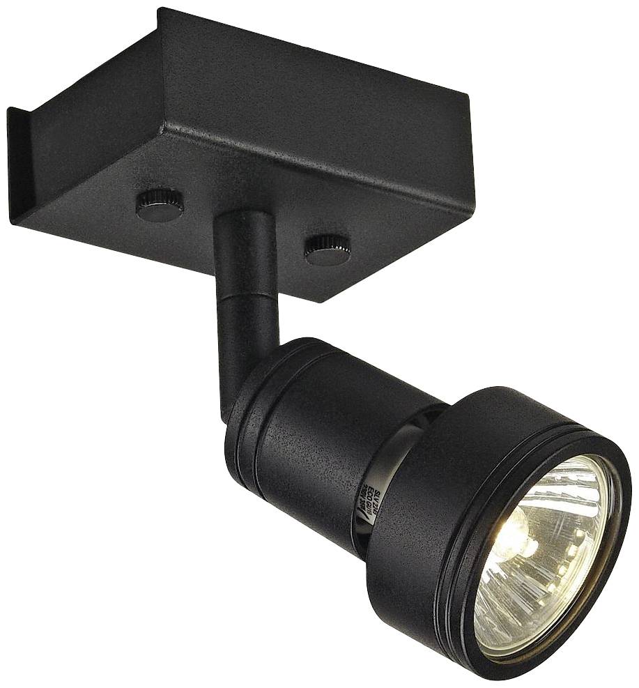 Black LED spotlight, ceiling-mounted, with cylindrical housing and joint. Illuminates an area precisely.