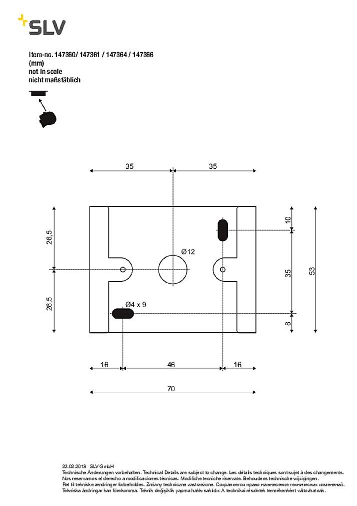 'Technical drawing of a rectangular part with holes and dimensions in mm, not to scale. Contains numbers: 147360, 147361, 147364, 147366.'