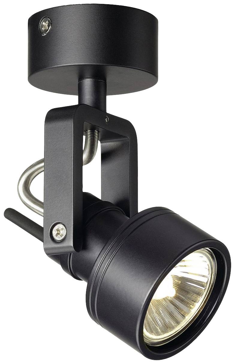 Black ceiling spotlight with adjustable spot and visible bulb, mounted on a circular bracket. Perfect for targeted lighting.