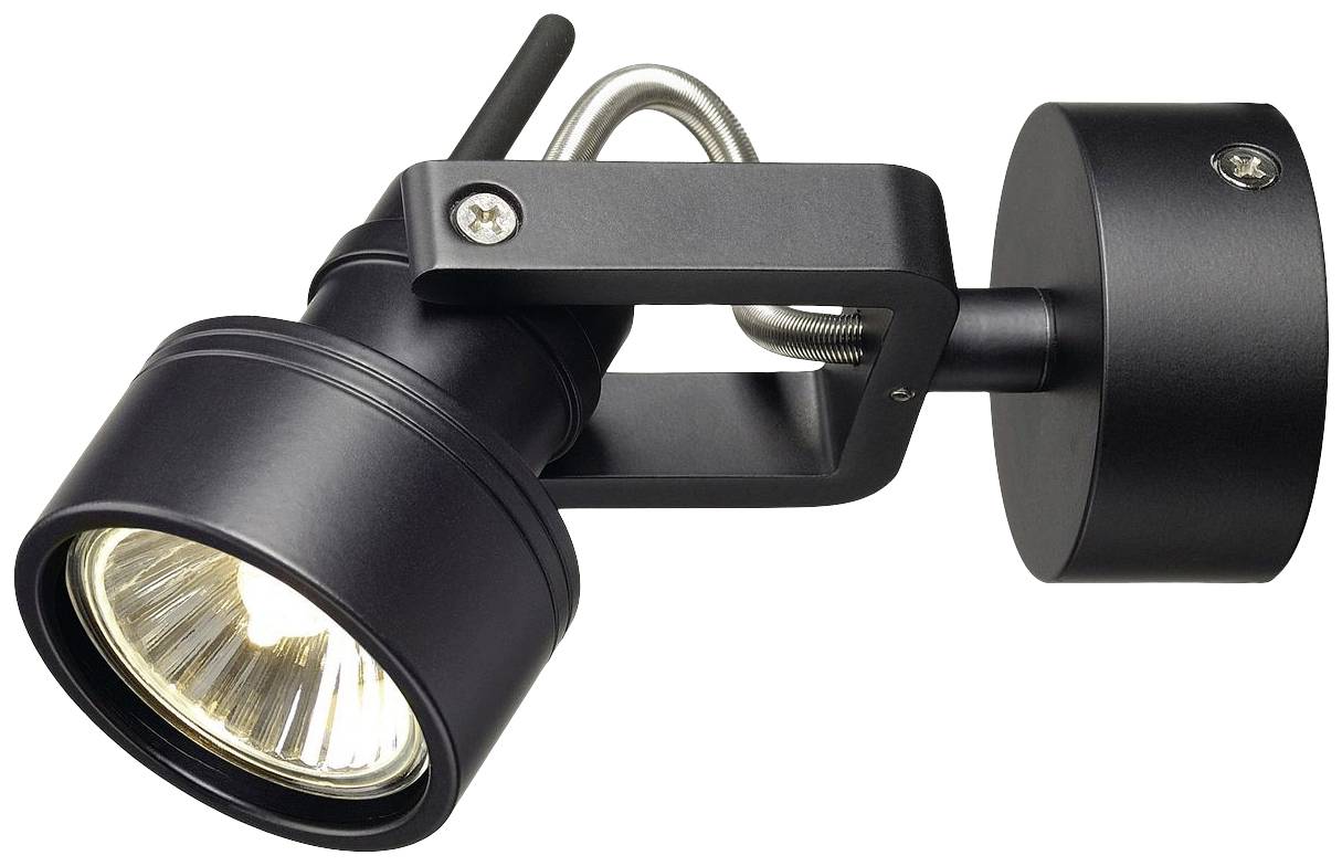 A black wall light with a pivoting spotlight shows a modern, functional style. Ideal for accent lighting.