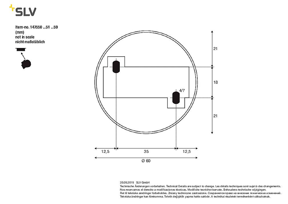 'Drawing of a round light fitting with technical dimensions: diameter 50 mm, two mounting points, not to scale.'