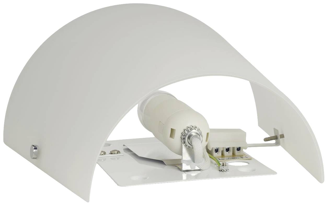 A white, semi-circular wall light with an open underside. Inside, a lamp holder without a bulb, mounted on a square base.