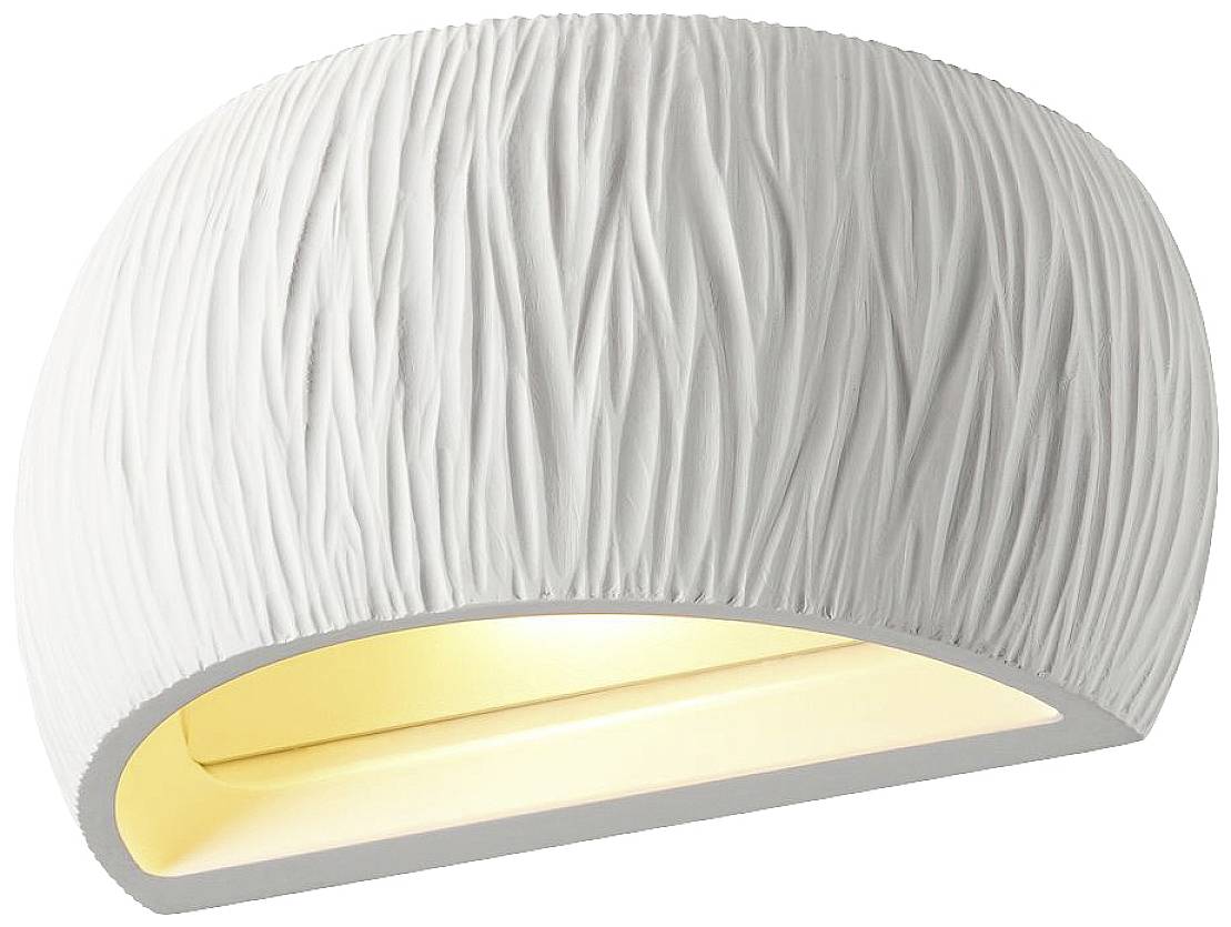 White ceramic wall light with a textured surface. Light shines downwards, stylish design, suitable for modern interiors.