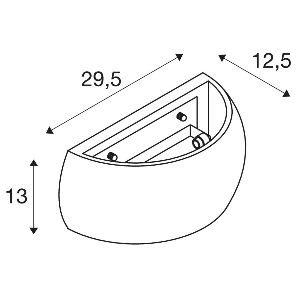 Technical Drawing of a Wall Light with Dimensions: Width 29.5 cm, Depth 12.5 cm, Height 13 cm. Main Form Shows Arched Design.