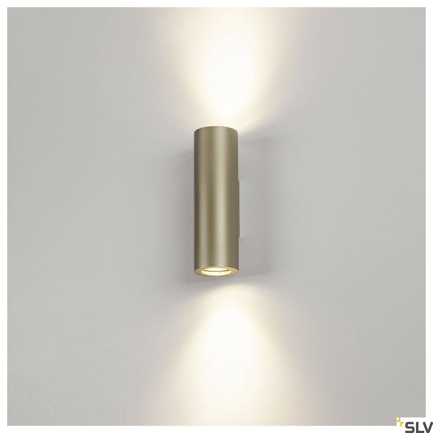 A modern, cylindrical wall light with up and downlight effects on a white background.
