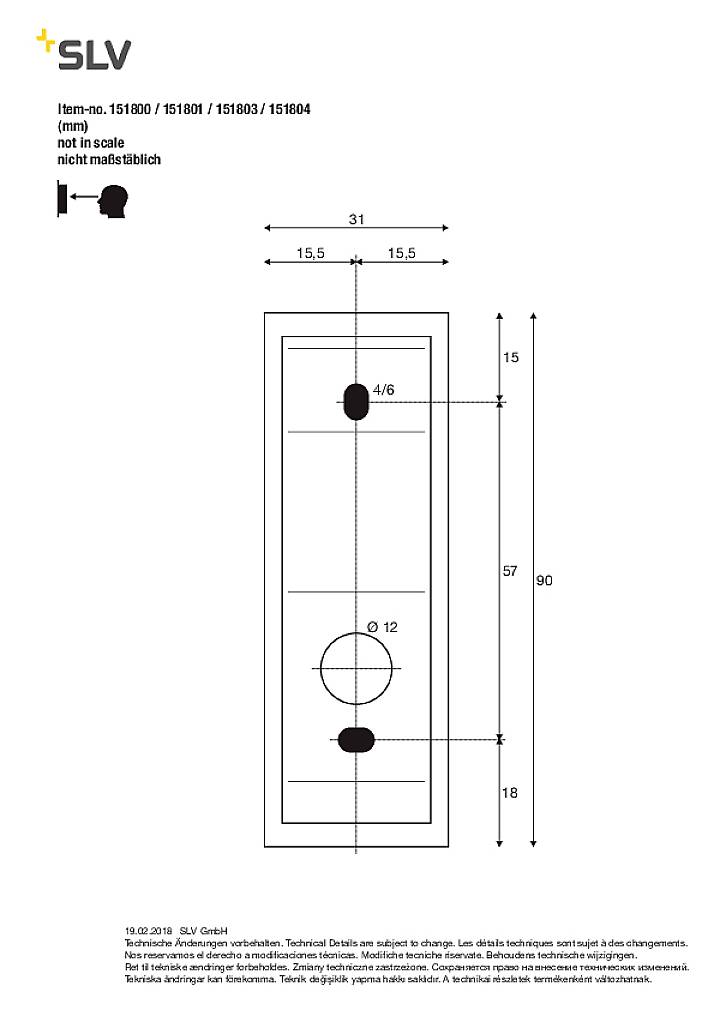 'SLV' Product diagram with technical drawings and dimensions. Note: not to scale. Details of height and width provided.
