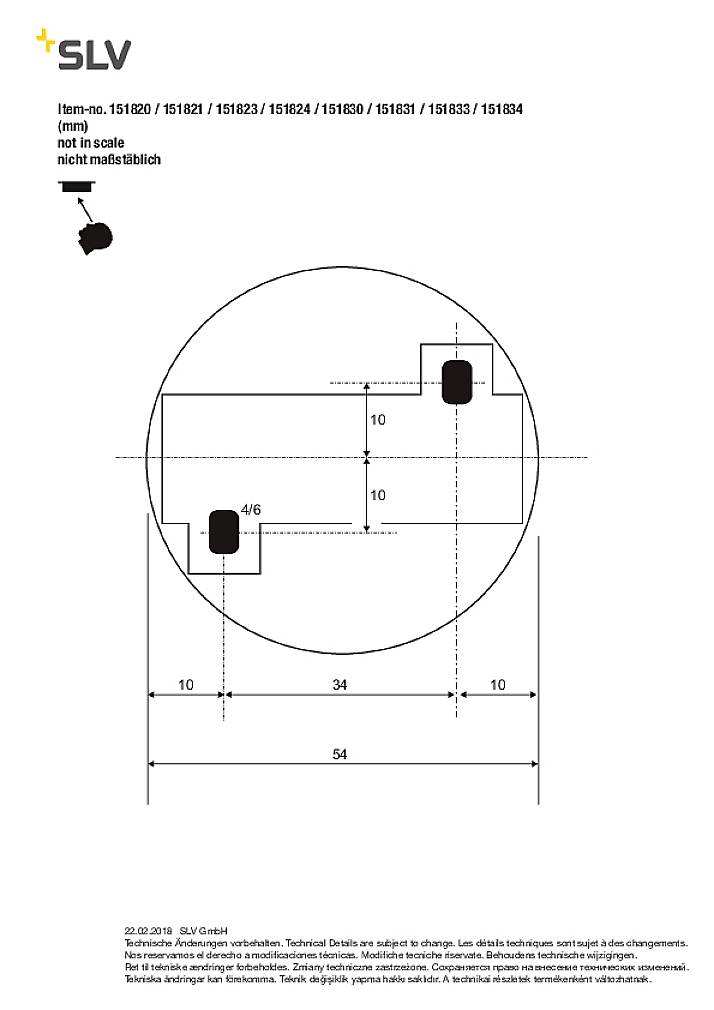 Technical drawing of a circular object with dimensions in millimetres, showing the distance and positioning of mounting points.