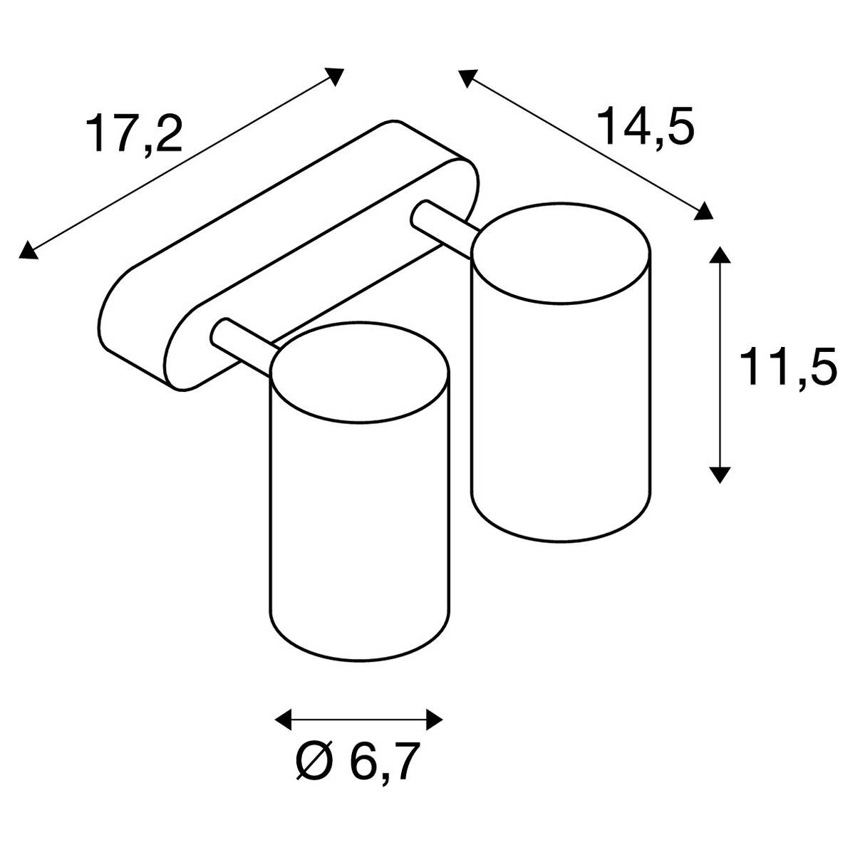 Two cylindrical wall lamps, specified in centimetres: width 17.2, depth 14.5, height 11.5, diameter 6.7.
