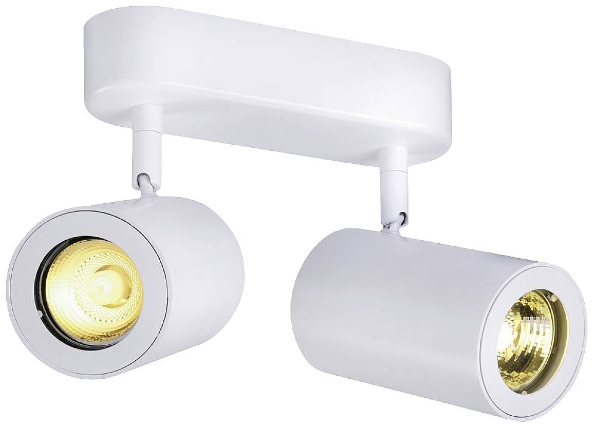 White ceiling light with two adjustable spotlights that emit warm light. Ideal for accent lighting in rooms.