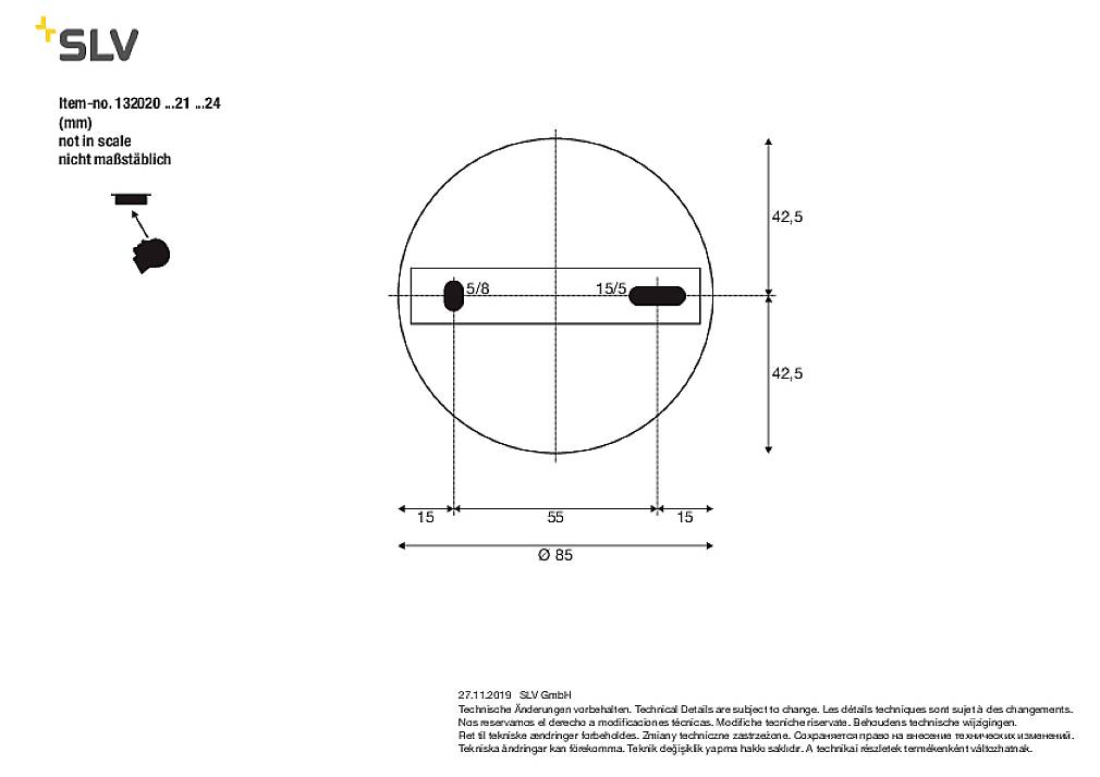 Technical Drawing: Circular shape with a diameter of 85 mm, height specifications at 42.5 mm. Markings and mounting points detailed.