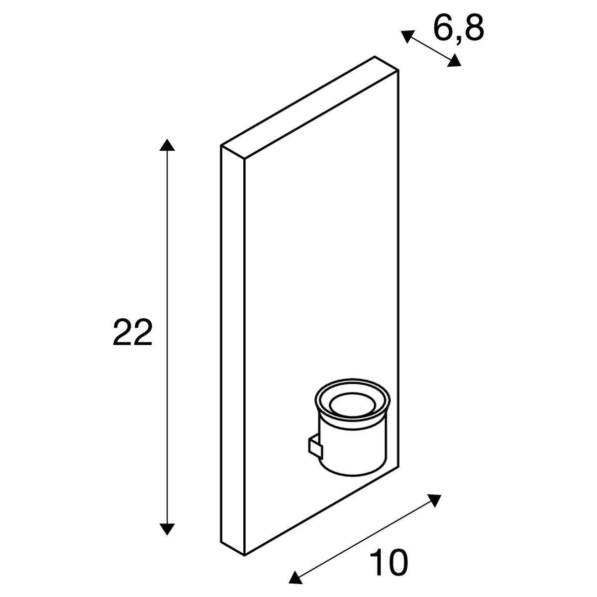 'Technical drawing of a rectangular plate with a cylindrical element attached to it. Dimensions: Height 22, Width 10, Depth 6.8.'