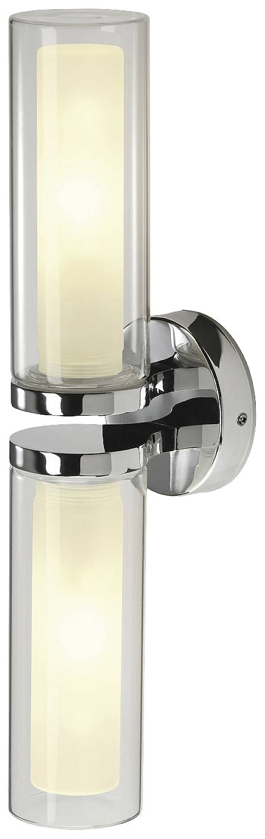 A chrome-coloured, modern double-cylinder wall light with frosted glass, radiating warm light throughout a room.