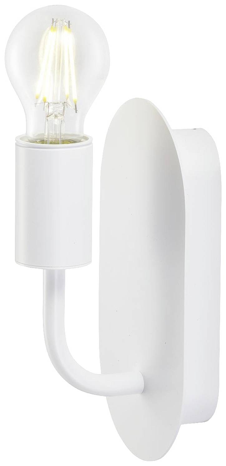 White wall lamp with visible, illuminated bulb design, mounted on an oval base.