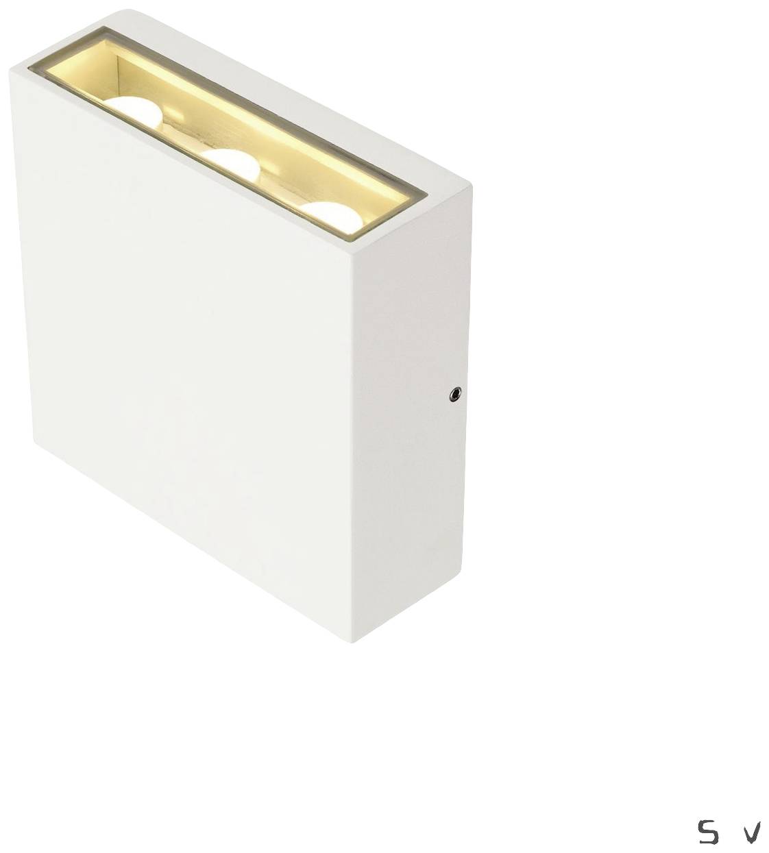 A white wall light with a rectangular shape that radiates warm light upwards and downwards.