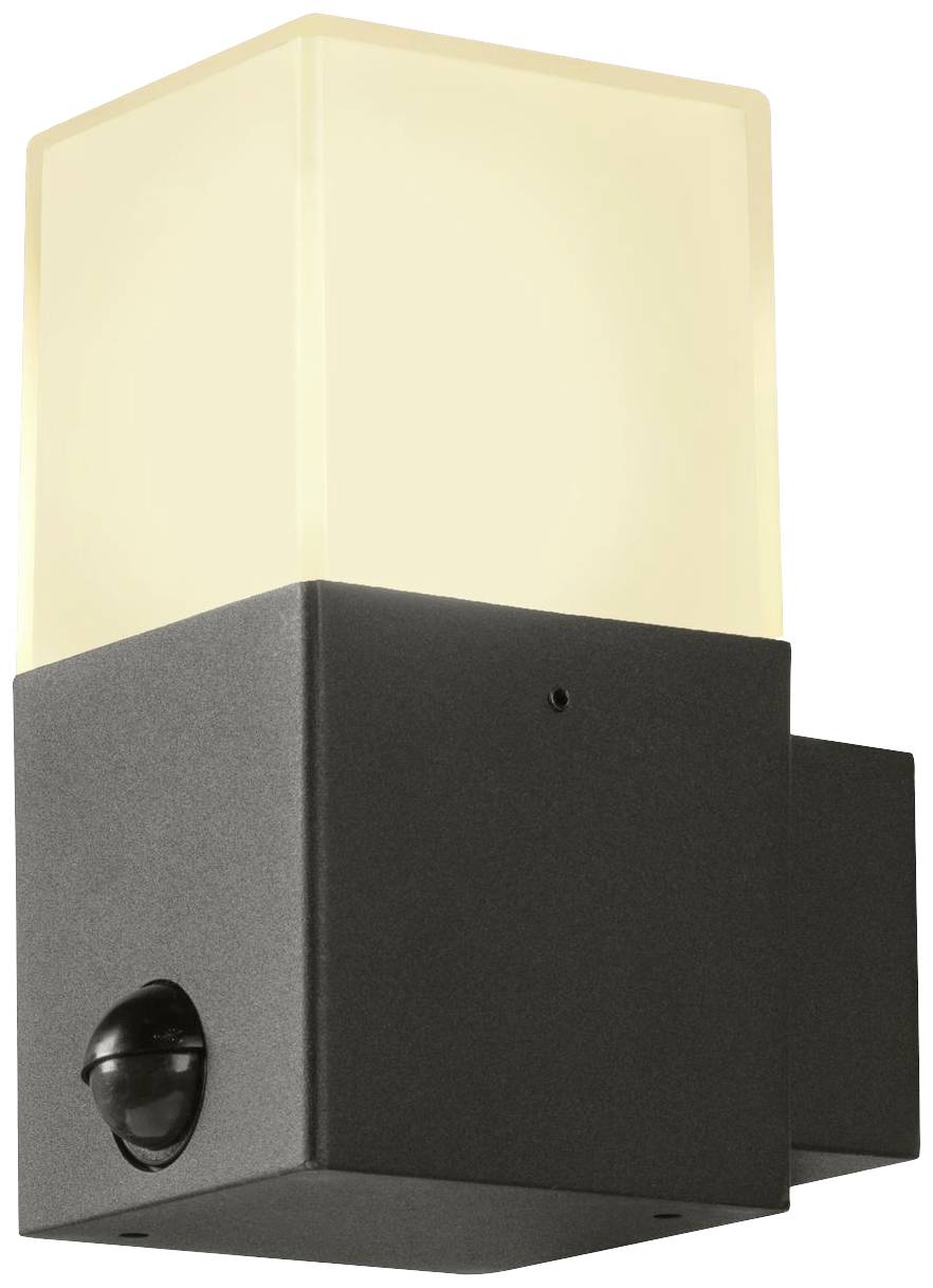 Modern wall light with a rectangular, matt black housing and a white, illuminated glass cylinder on top.