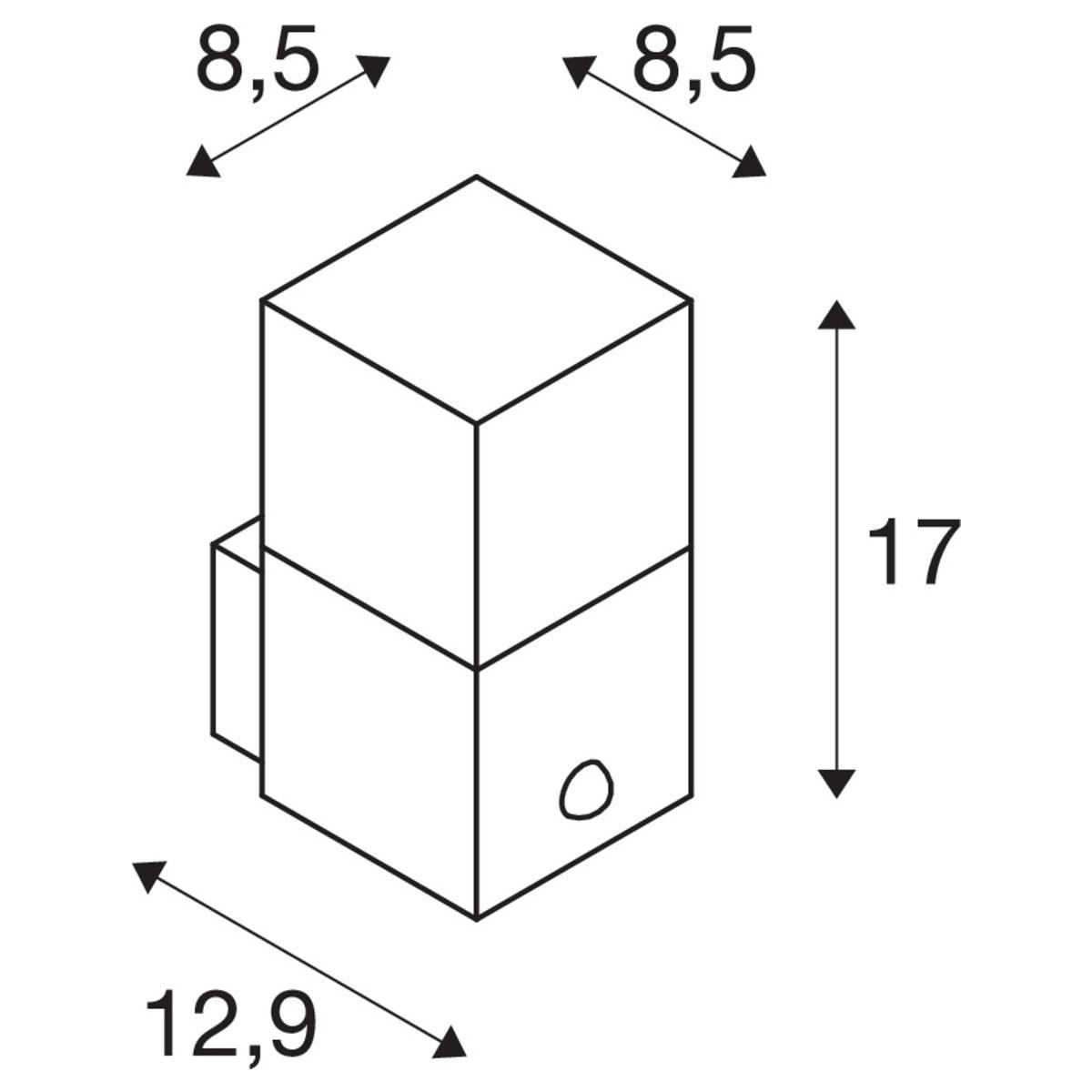 Drawing of a rectangular object with dimensions. Width 8.5 cm, depth 12.9 cm, height 17 cm.