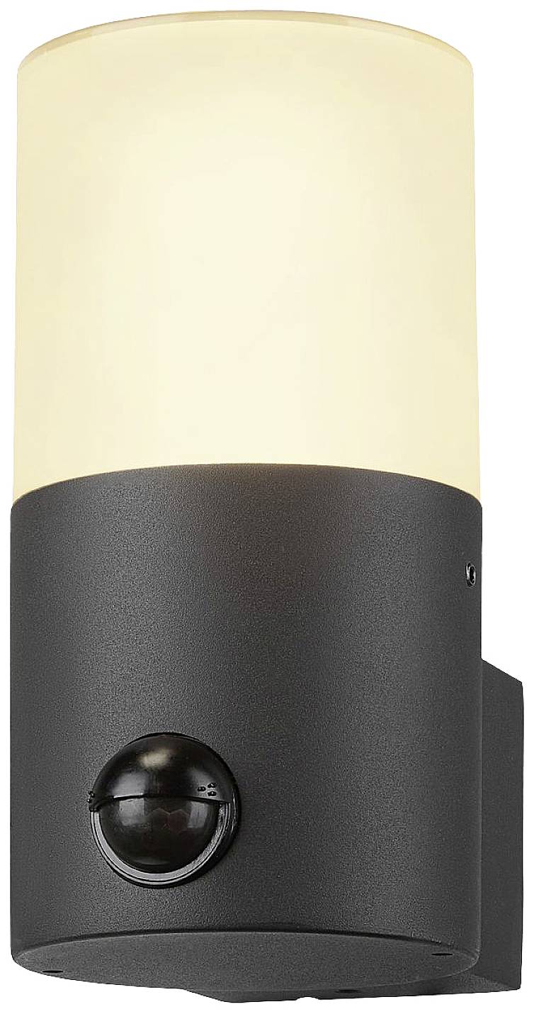 Exterior wall light with a cylindrical black base and a white, translucent lampshade.