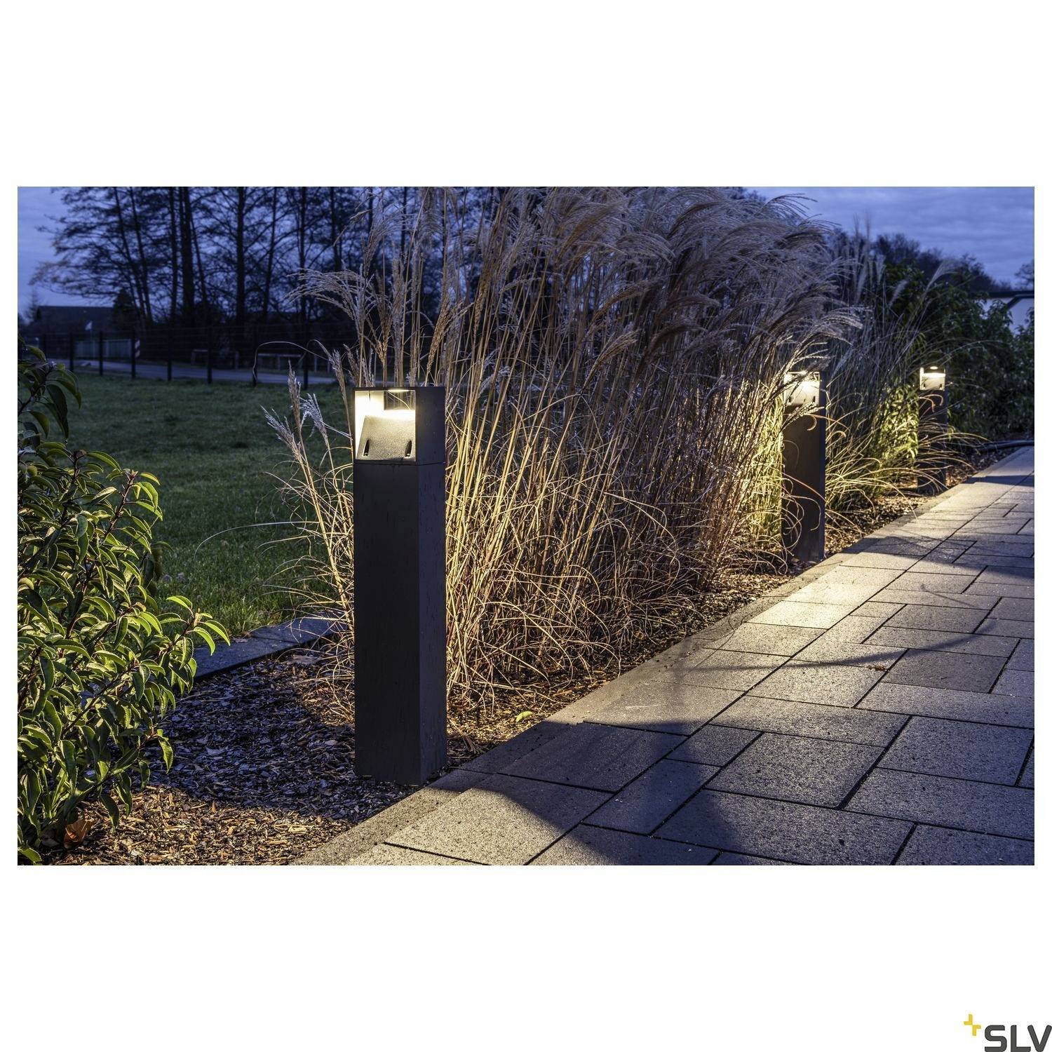 Garden path at twilight with modern, illuminated pathway lighting, surrounded by grasses and trees in the background.