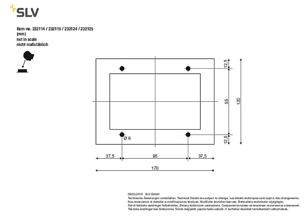 Technical drawing of a rectangular plate with drill holes, dimensions in mm, not to scale, brand name SLV top left.