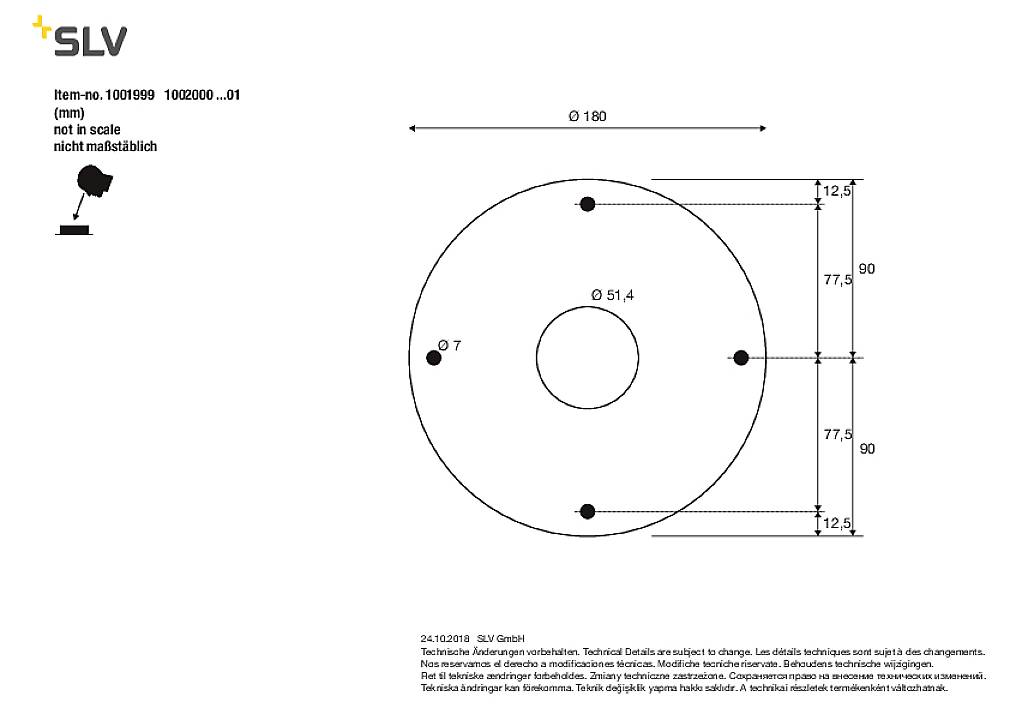 Technical drawing of a round plate with drill holes. Diameter 180 mm, central hole 51.4 mm. Scale is not to scale.