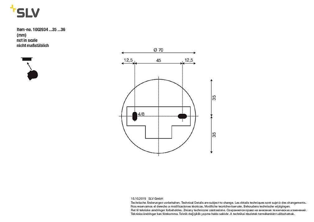 Technical drawing of a round mounting plate with drill holes. Dimensions: Diameter 70 mm, hole spacings 12.5 mm and 45 mm.