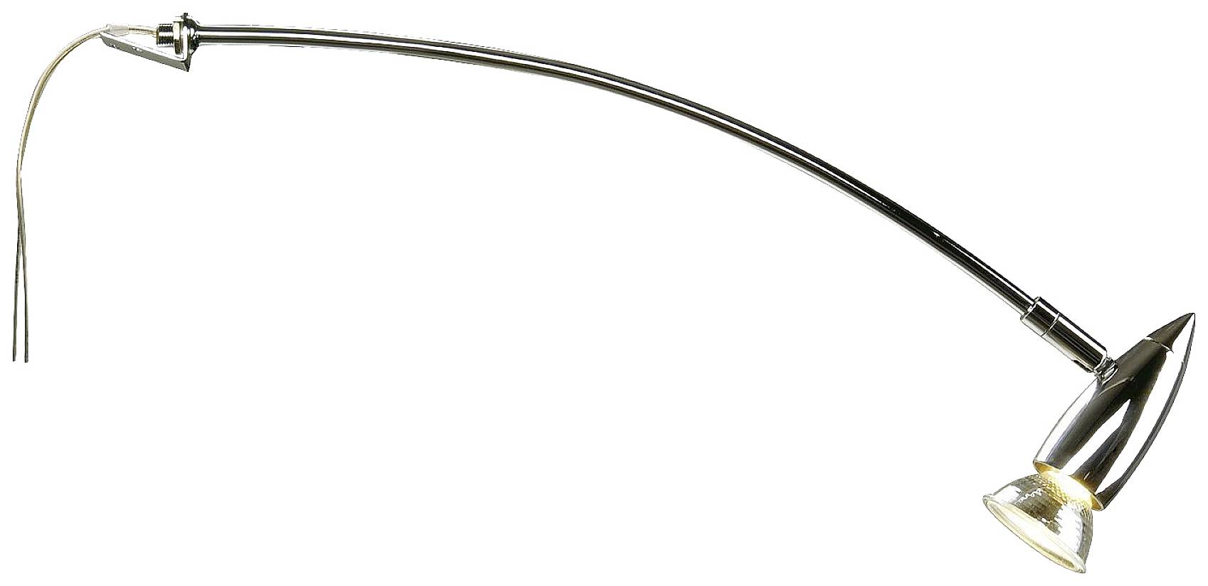 A modern, curved chrome lamp shines brightly. The flexible arm allows targeted lighting, perfect for reading or working.