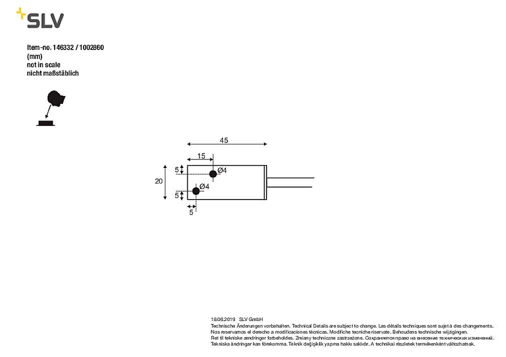 'Drawing of a cylindrical lamp with dimensions in mm. Dimensions: 45 mm length, 20 mm width. Lamp symbol in top left.'