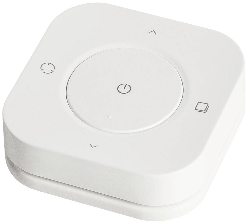 A square, white remote control switch with circular buttons for power, volume, and mode change on the top surface.