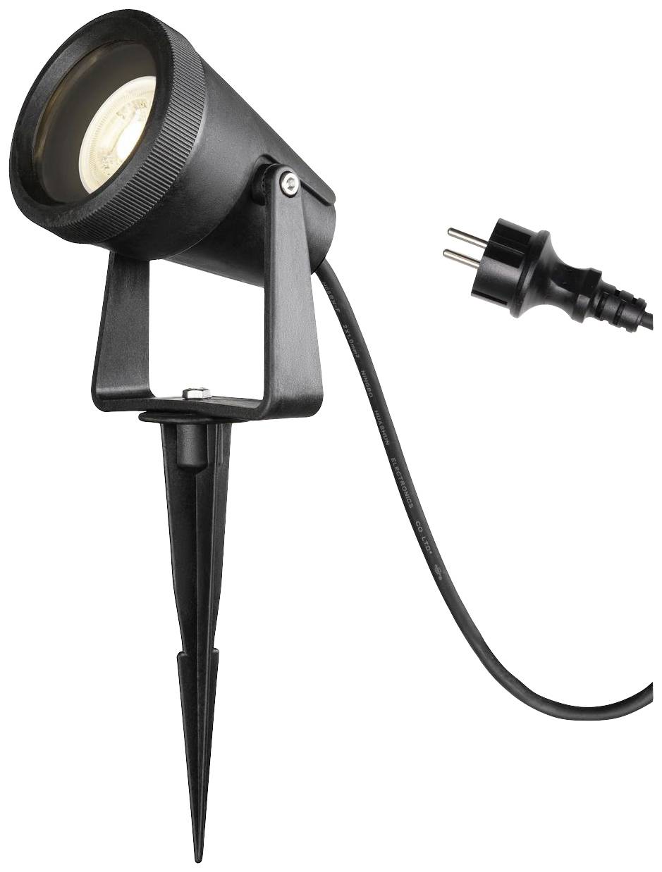 Black LED garden spotlight with ground spike and power cable; ideal for illuminating outdoor areas.