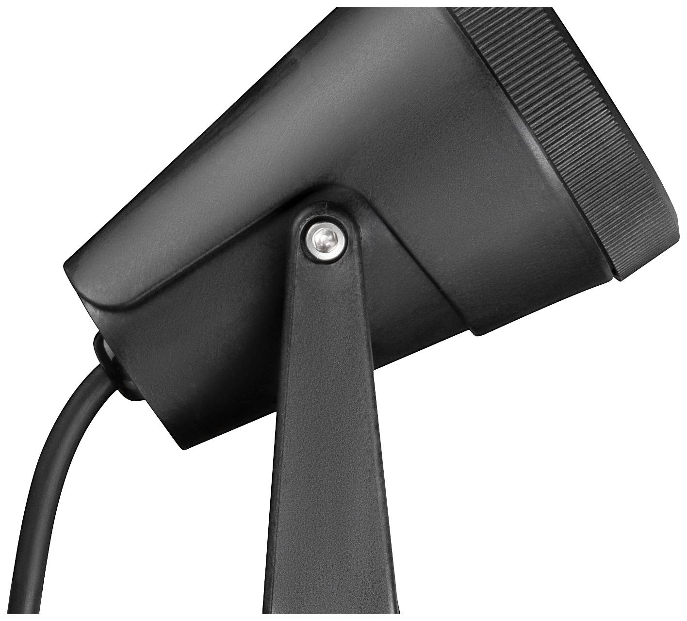 A black lamp head with a jointed arm and power cable. The lamp is positioned at an adjustable angle and is made of metal.