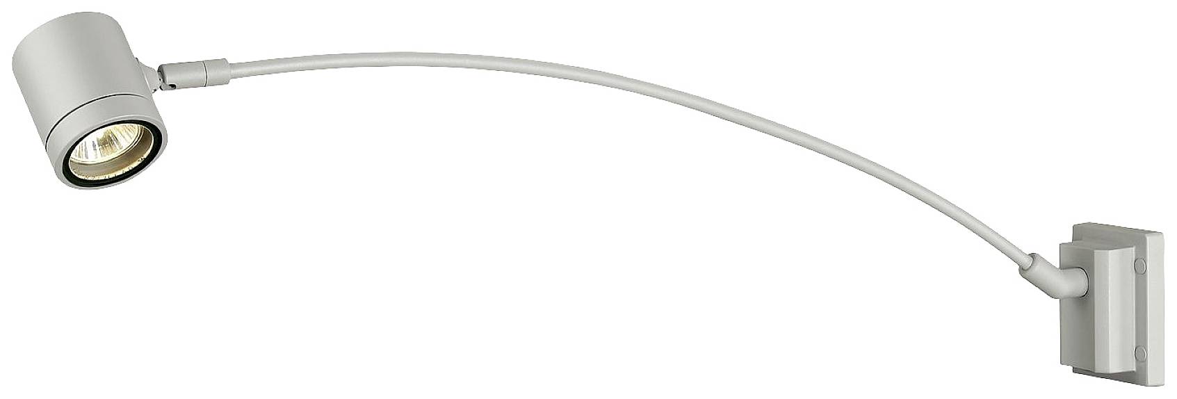 A silver wall light with a long, curved arm and a round lamp head that casts light downwards onto a specific point.