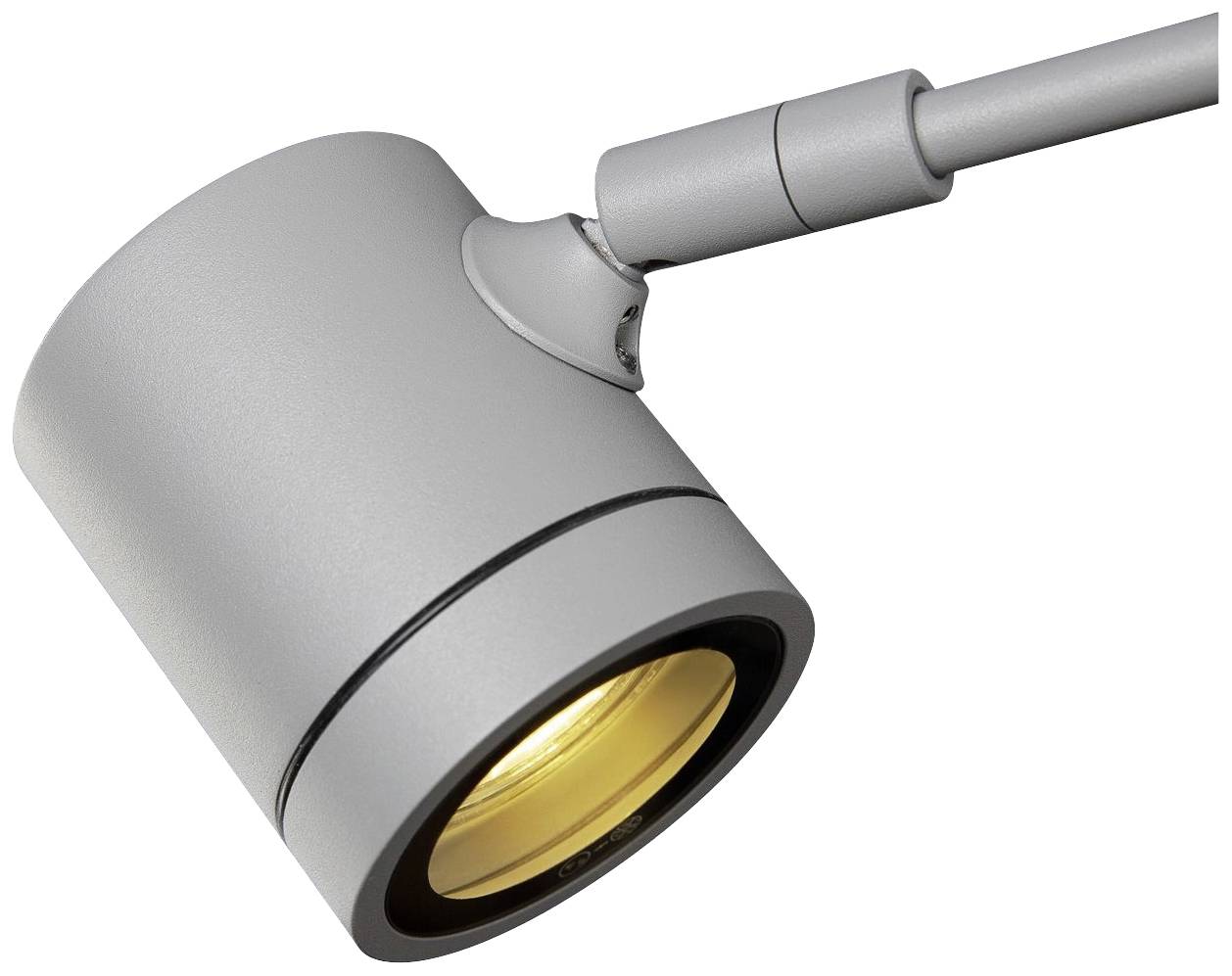 Grey LED spotlight, cylindrical shape, adjustable joint, emits warm white light downwards. Ideal for accent lighting.