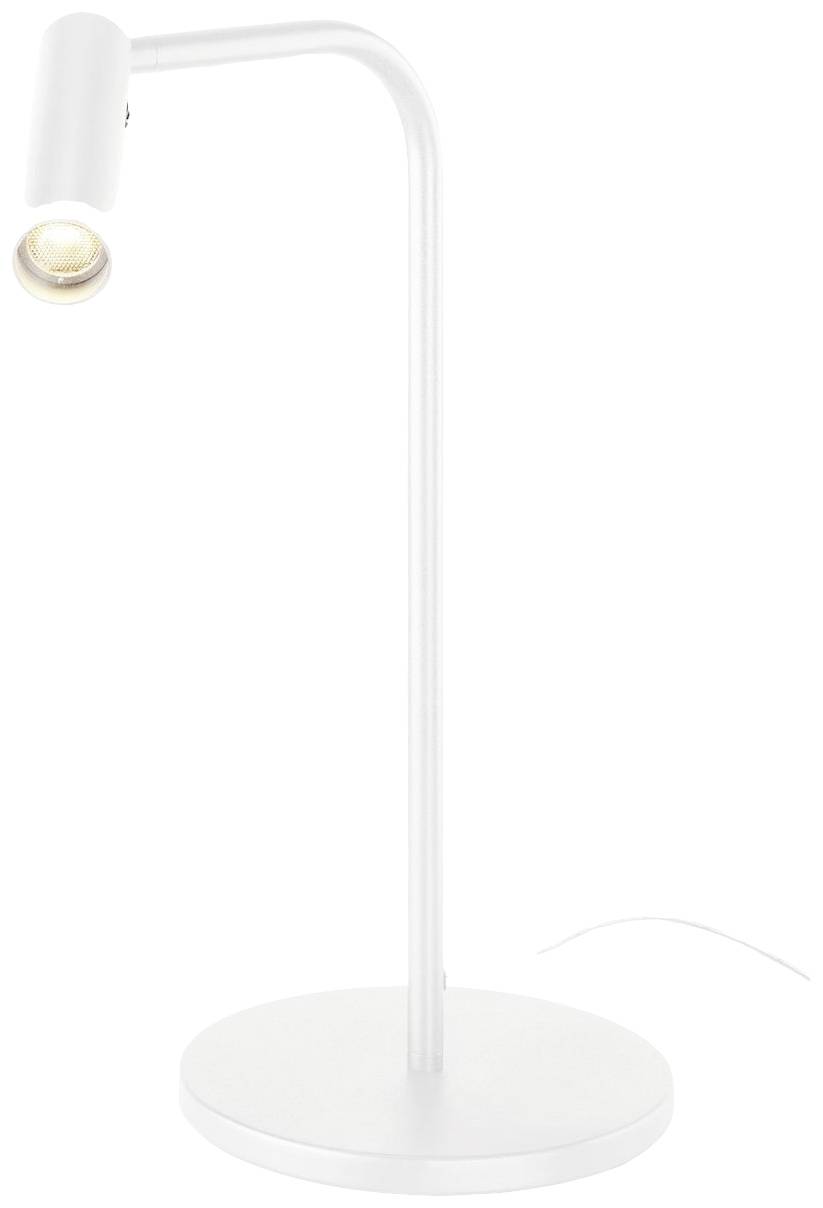 White, minimalist table lamp with a curved stand and a cylindrical lampshade, standing on a round base.