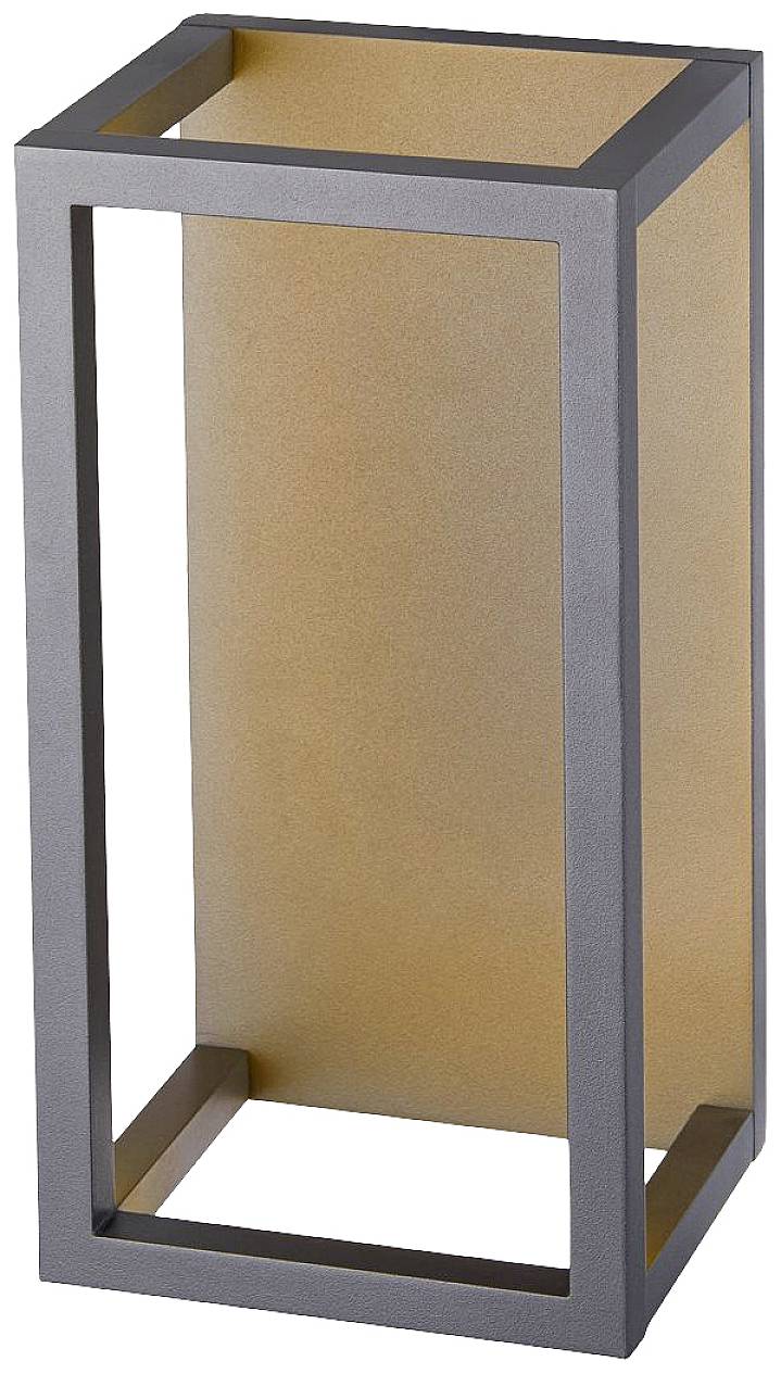 A contemporary, rectangular floor lamp with a black frame and a golden interior. It serves to provide stylish illumination.