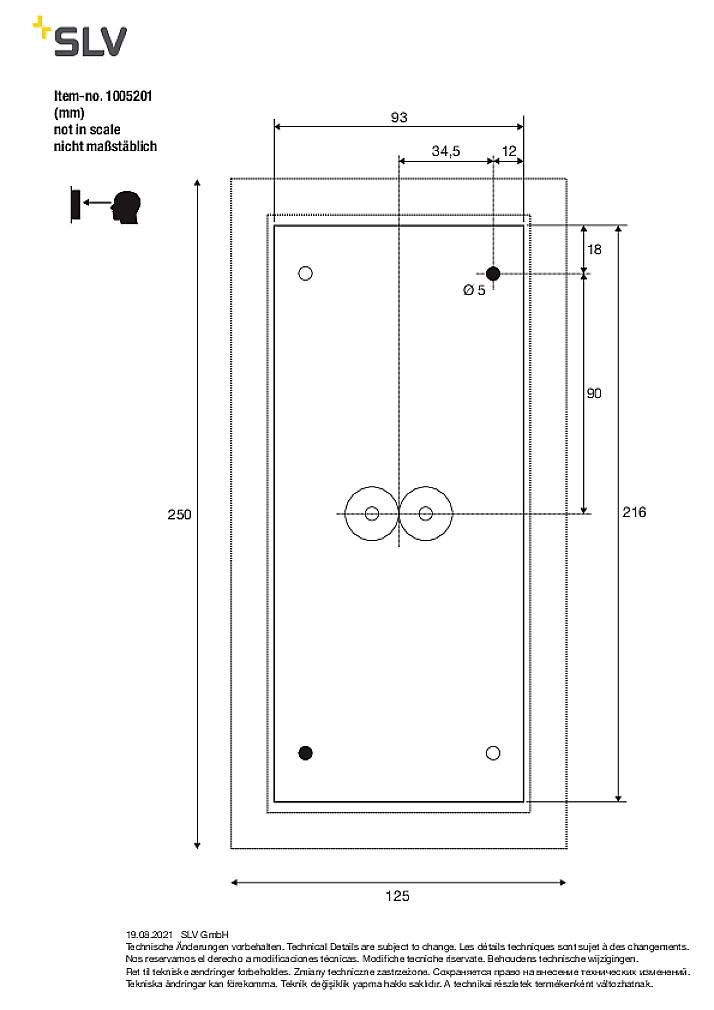 Technical drawing of a rectangular, symmetrical plate with central drill holes and dimensions in millimetres.
