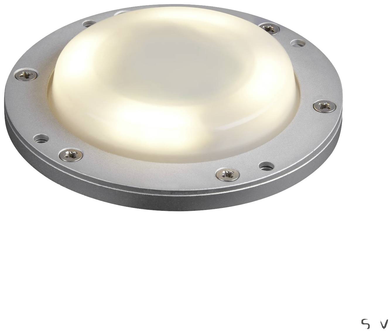 A round, flat LED light in a silver housing. It is switched on and emitting a warm white glow.