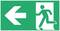 Emergency exit sign with an arrow pointing left and a pictogram of a person running through a door.